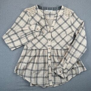 Miss Me Crochet Lace Babydoll Women M Beige Black Plaid Button Down Top Boho Y2K